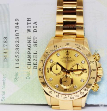 Rolex Daytona 18k Gold Diamond Dial Chronograph Watch Box/Papers D 116528 for sale in Boca Raton, Florida